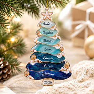 Custom Sea Glass Tree 2026 Ornament, Personalized Beach Family Christmas Decor