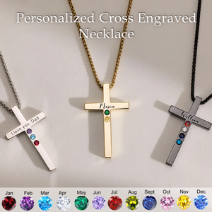 Custom Name Birthstone Men's Necklace, Personalized Cross Engraved Necklace