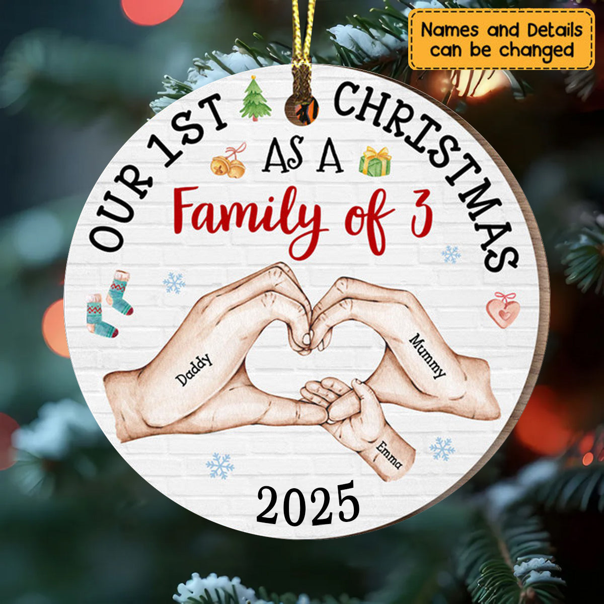Our First Christmas As A Family Circle Personalized Wooden Ornament