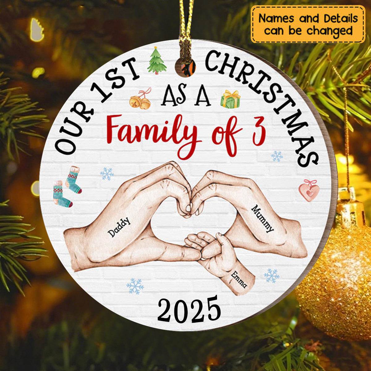 Our First Christmas As A Family Circle Personalized Wooden Ornament