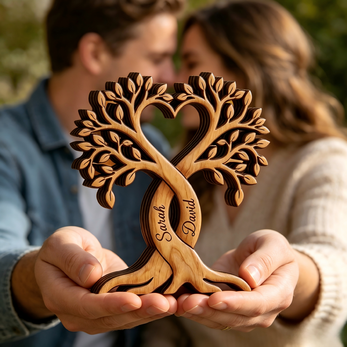 Personalized Couple Heart Tree Wooden Block, Wedding Anniversary Gift