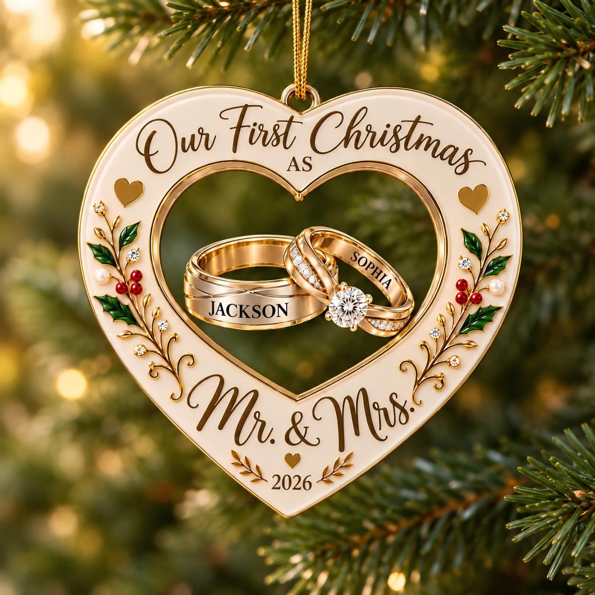 Personalized Couple Heart Ornament, Our First Christmas As Mr. And Mrs.