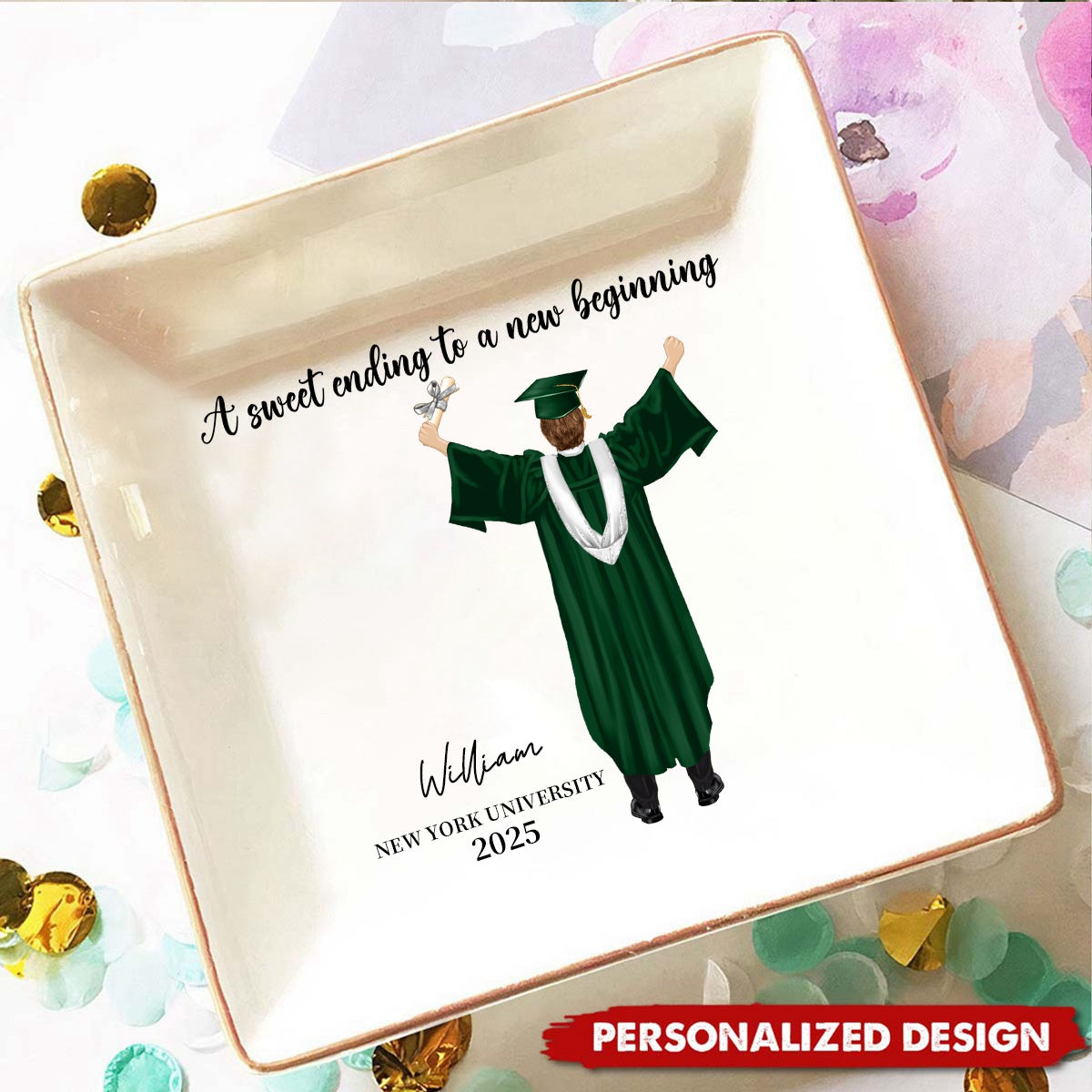 A Sweet Ending To A New Beginning - Personalized Jewelry Dish, Gift for Graduate
