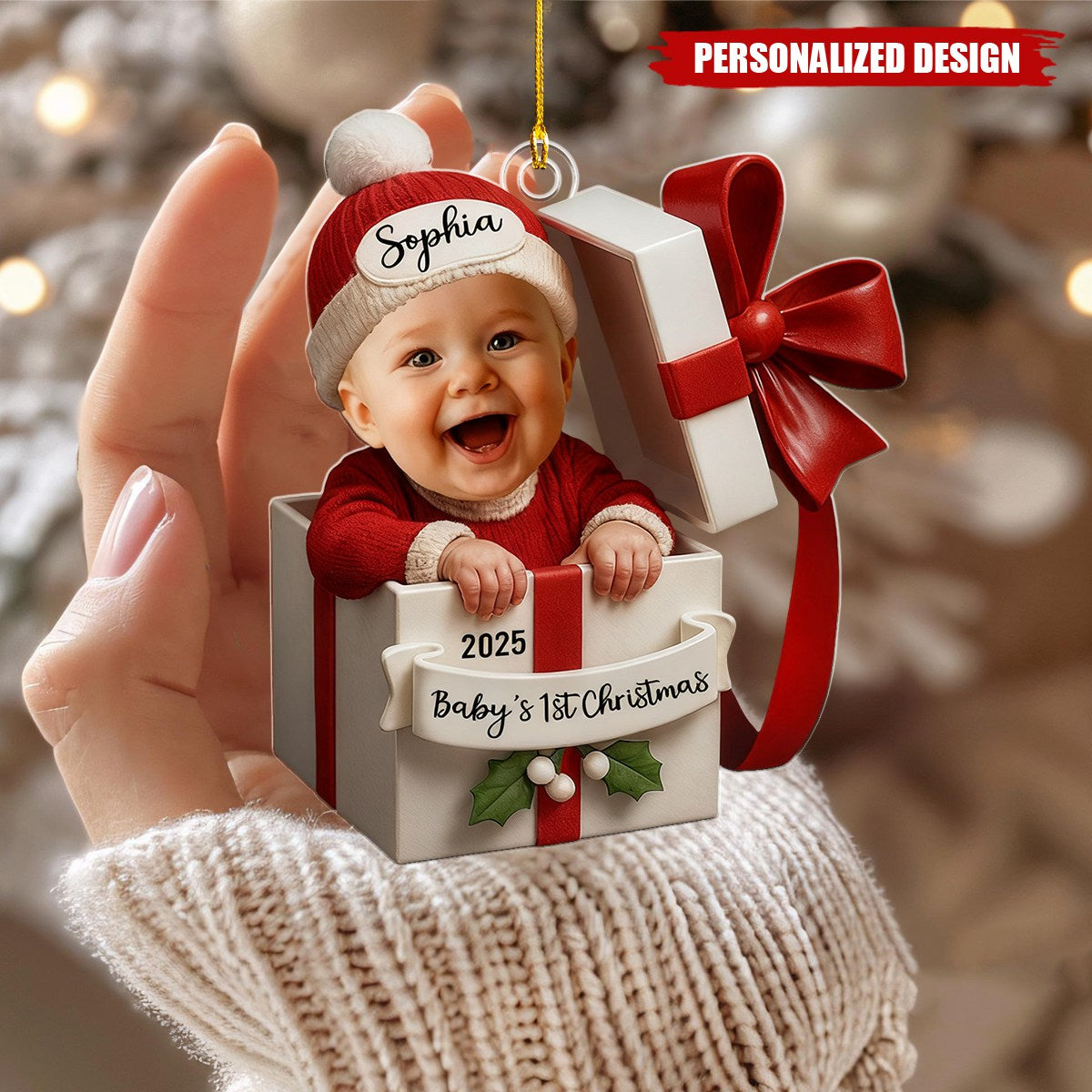 Personalized Baby Photo in Gift Box Christmas 2D Flat Acrylic Ornament