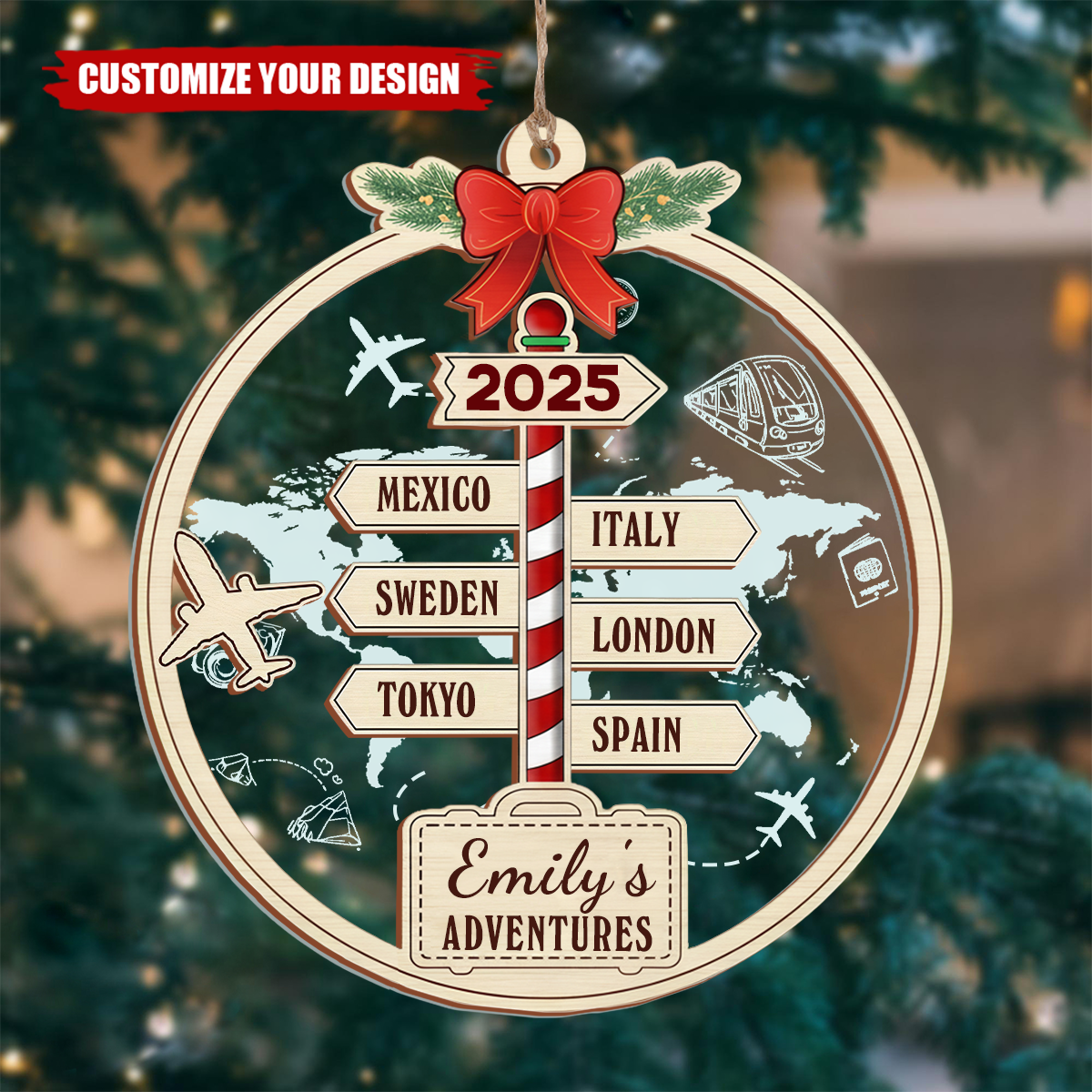 Personalized Travel Adventure 2 Layer Mixed Christmas Ornament