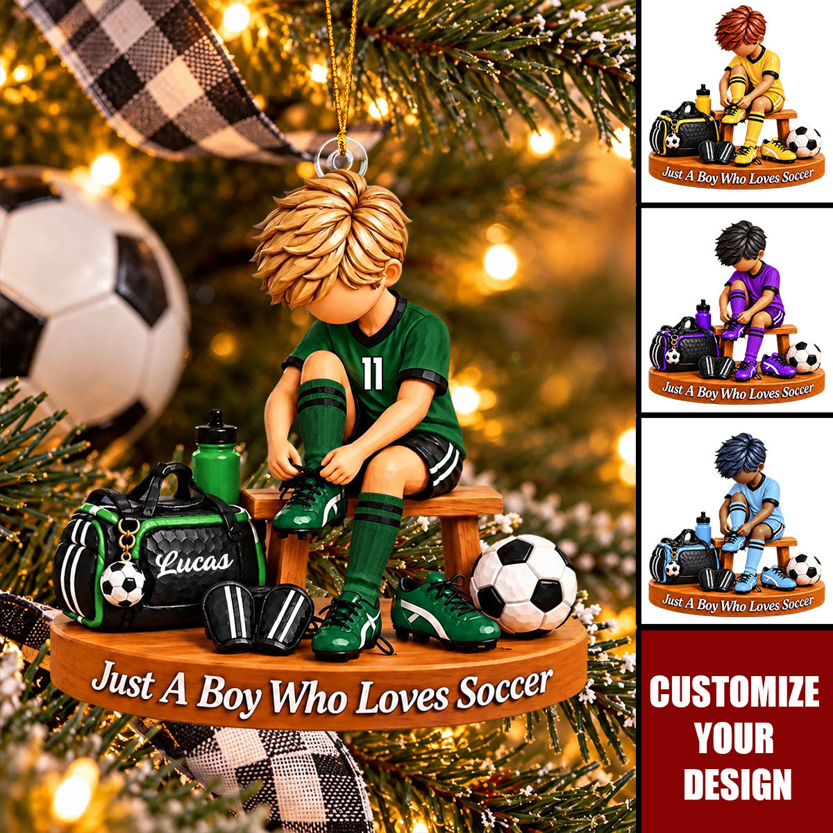 Personalized Soccer Boy Ornament, Custom Name Football Christmas Ornament