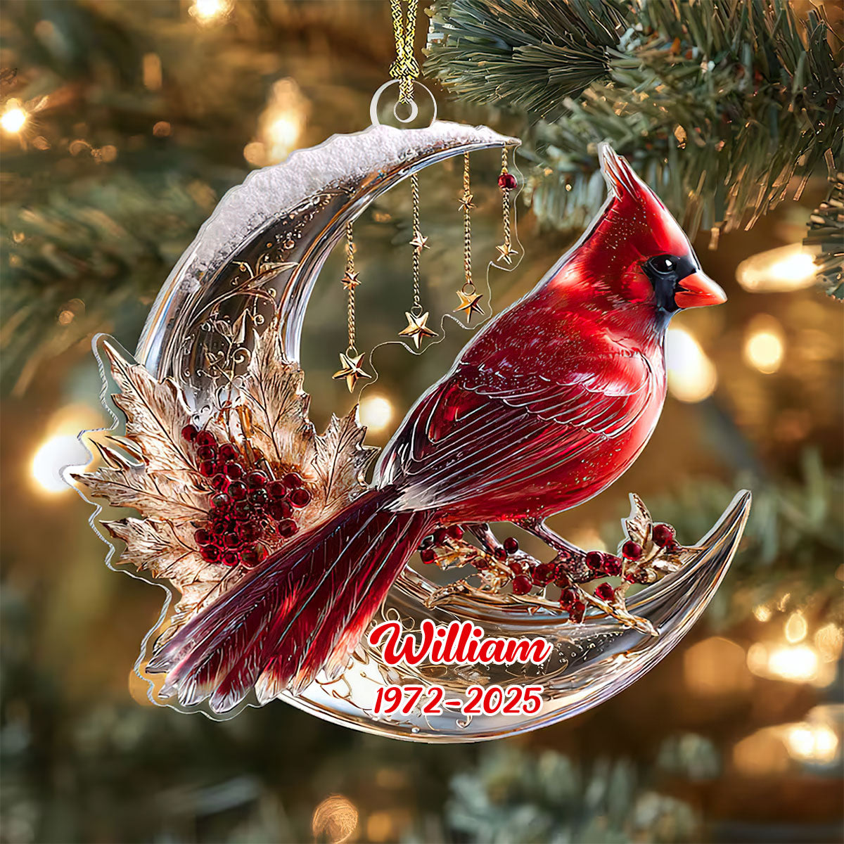 Personalized Cardinal And Moon Ornament, Memory Gift