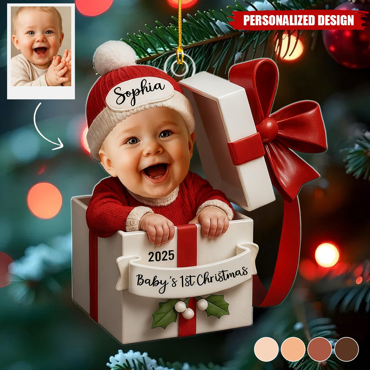 Personalized Baby Photo in Gift Box Christmas 2D Flat Acrylic Ornament