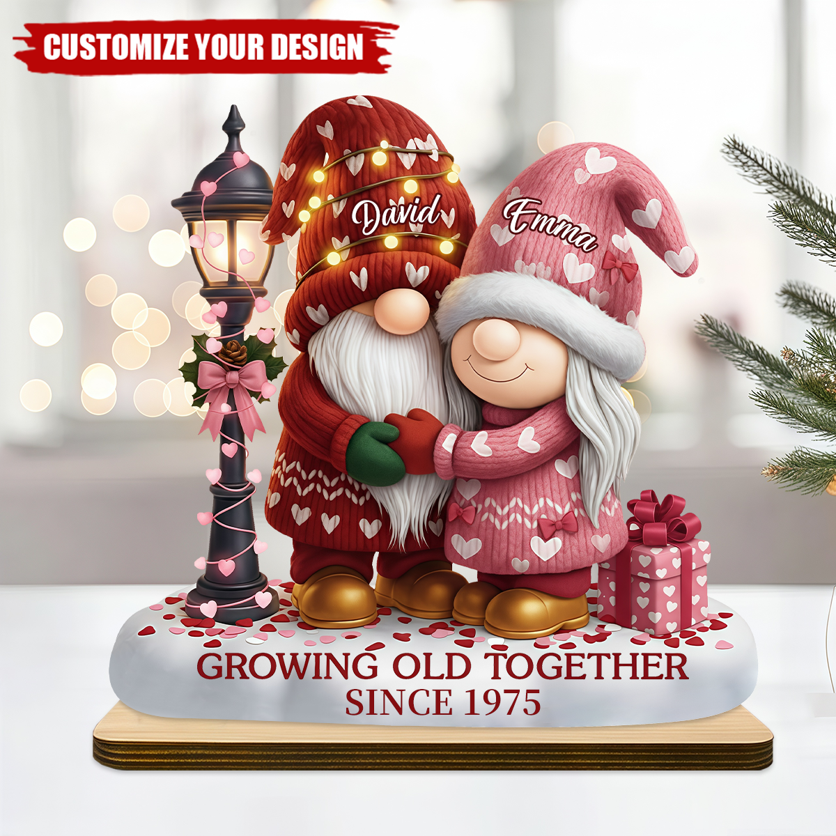 Growing Old Together With Elderly Couple And Hearts - Personalized Wooden Plaque