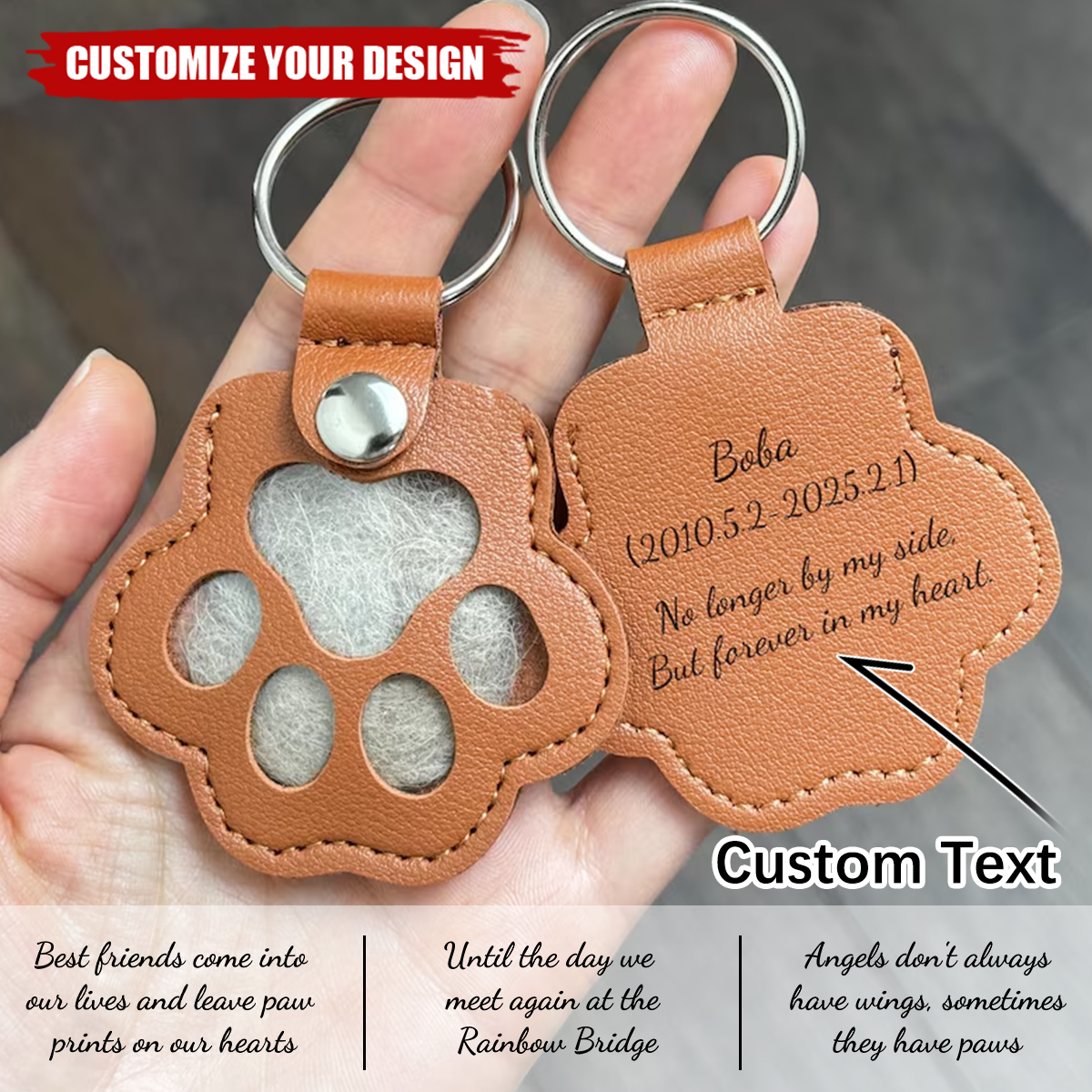 Personalized Pet Hair Memorial Keychain Charm, Engraved Pet Loss Gift