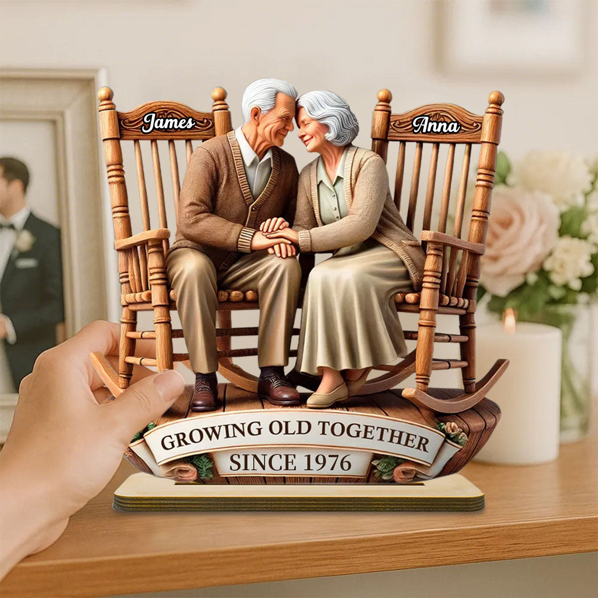 3D Effect Old Couple Sitting On Rocking Chairs Together Personalized Wooden Plaque