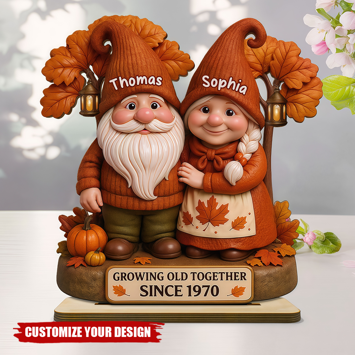 3D Effect Fall Season Couple Growing Old Together Personalized Wooden Plaque