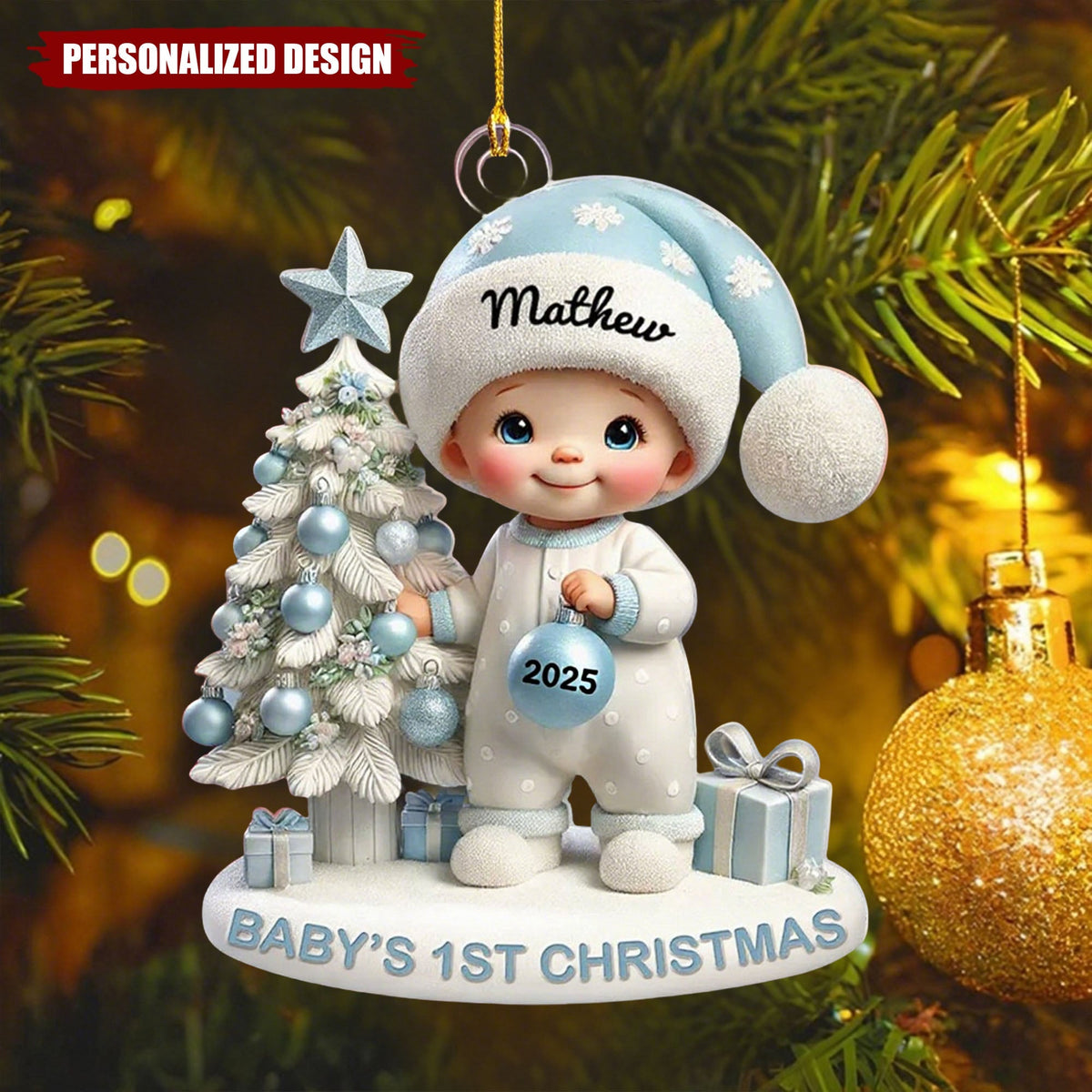 Cute Baby Standing Beside Christmas Tree 3D Effect Baby's First Christmas Personalized Ornament