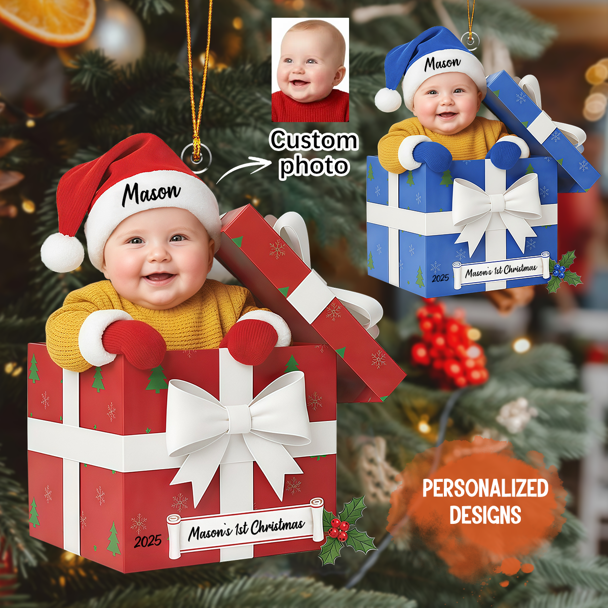 Hadouki Personalized Custom Baby Photo 1st Christmas Gift Box Ornament - hadouk