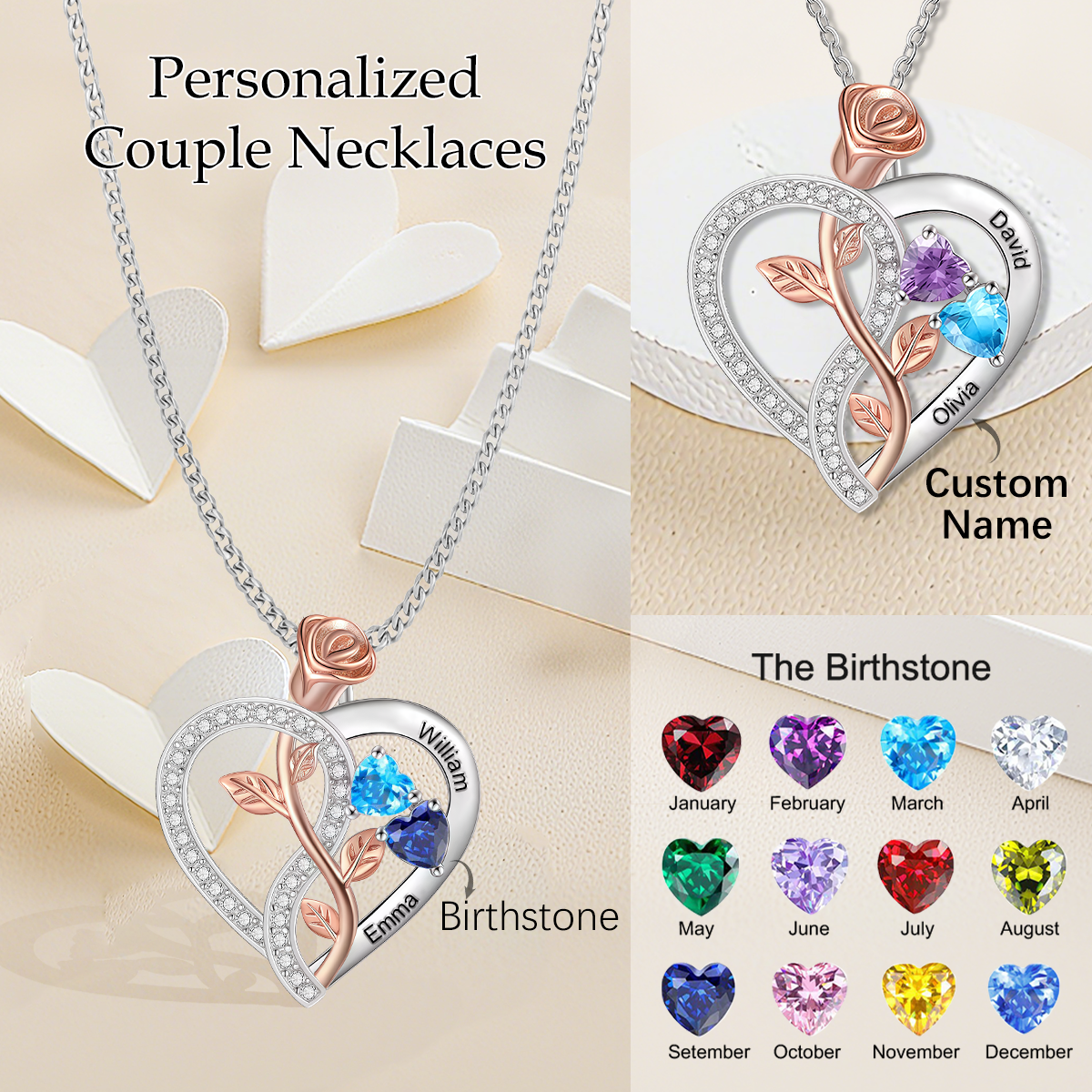 Personalized Rose Heart Birthstones Couple Necklace