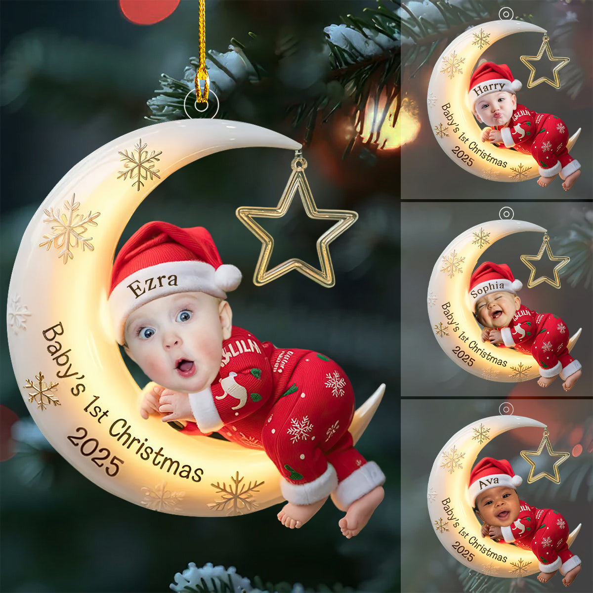 Personalized Baby First Christmas Ornament, Moon Acrylic Decoration