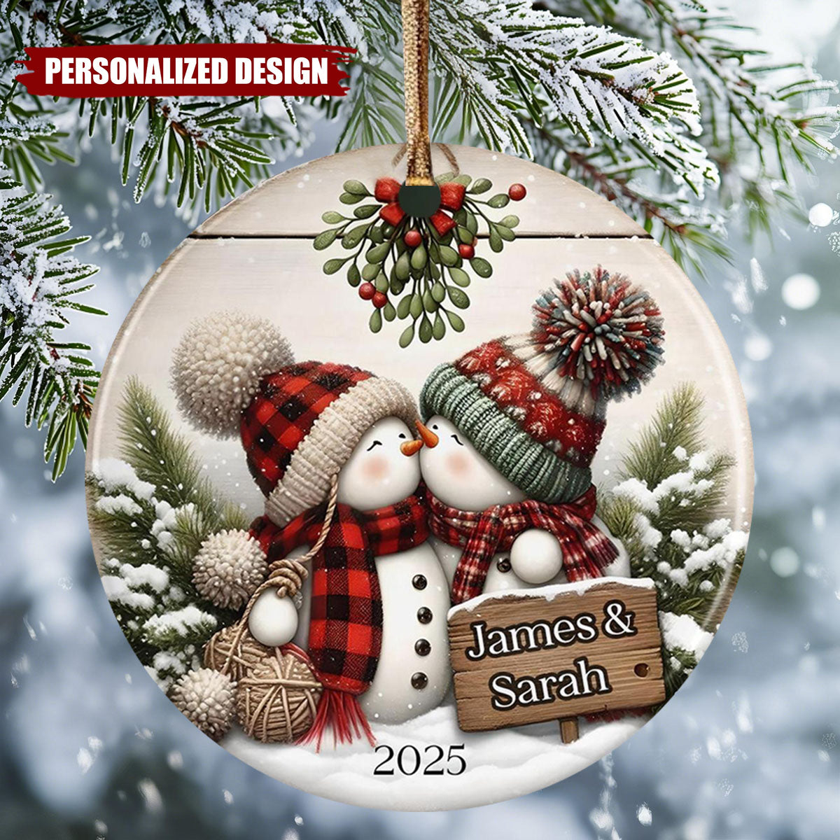 Personalized Kissing Snowman Couple Ornament, Engagement Gift
