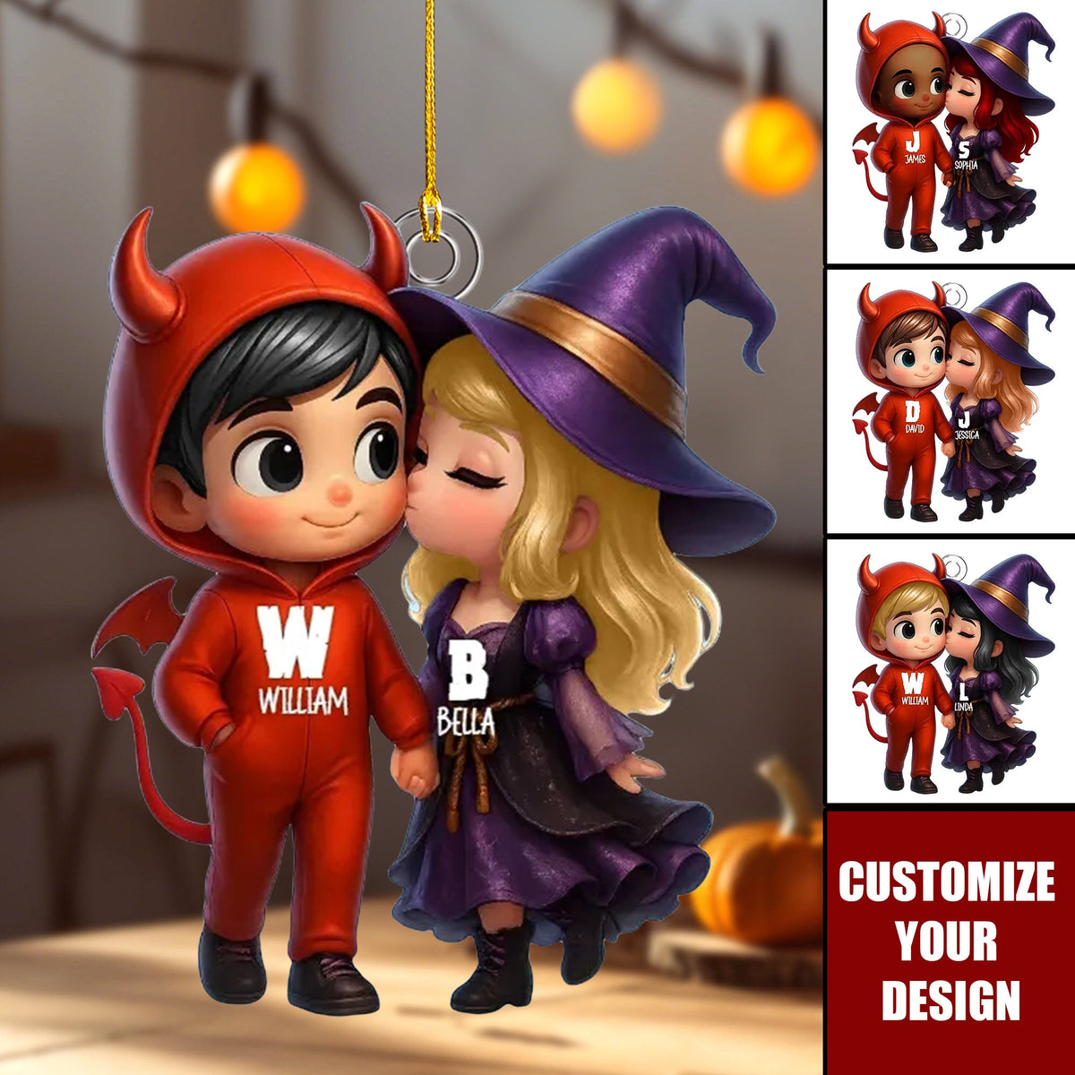 Cute Cartoon Halloween Couple Personalized Acrylic Ornament, Halloween Tree Decoration