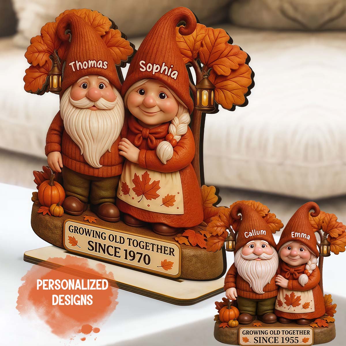 3D Effect Fall Season Couple Growing Old Together Personalized Wooden Plaque