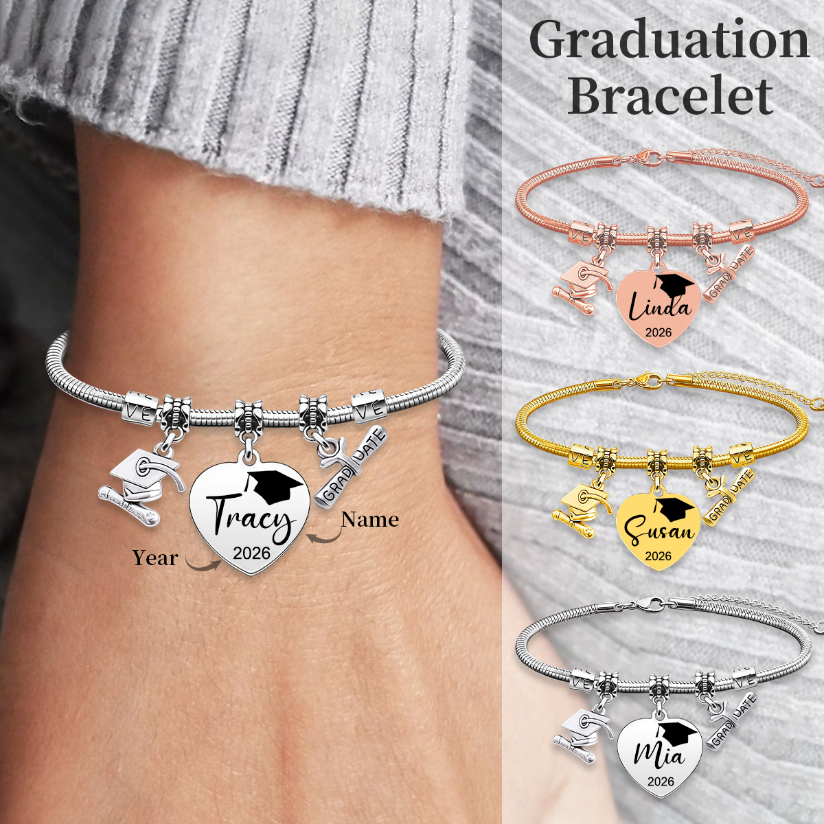 Hadouki Personalized Custom Graduation Bracelet, Class of 2026 - hadouk