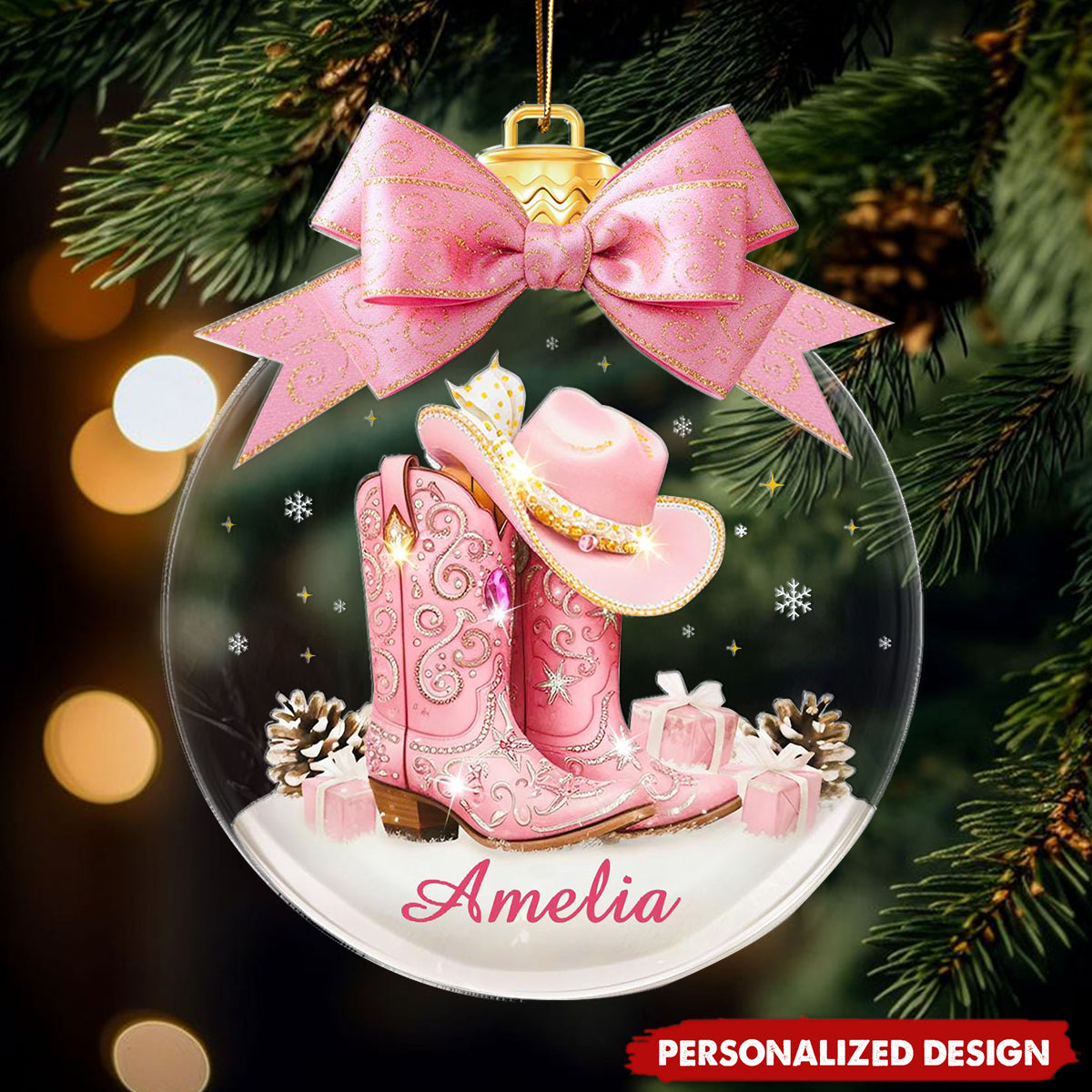 Personalized Coquette Bow Hat Western Girl Christmas Ornament