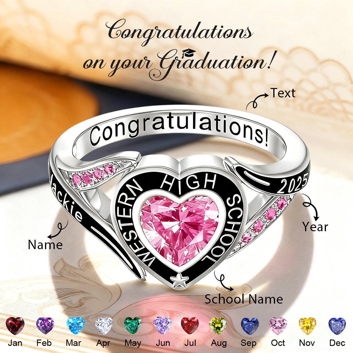 Personalized Engraved Graduation Heart Birthstone Ring, Graduation Gift