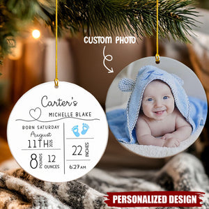 Custom Baby Birth Stats Ornament, Personalized New Baby Photo Ornament