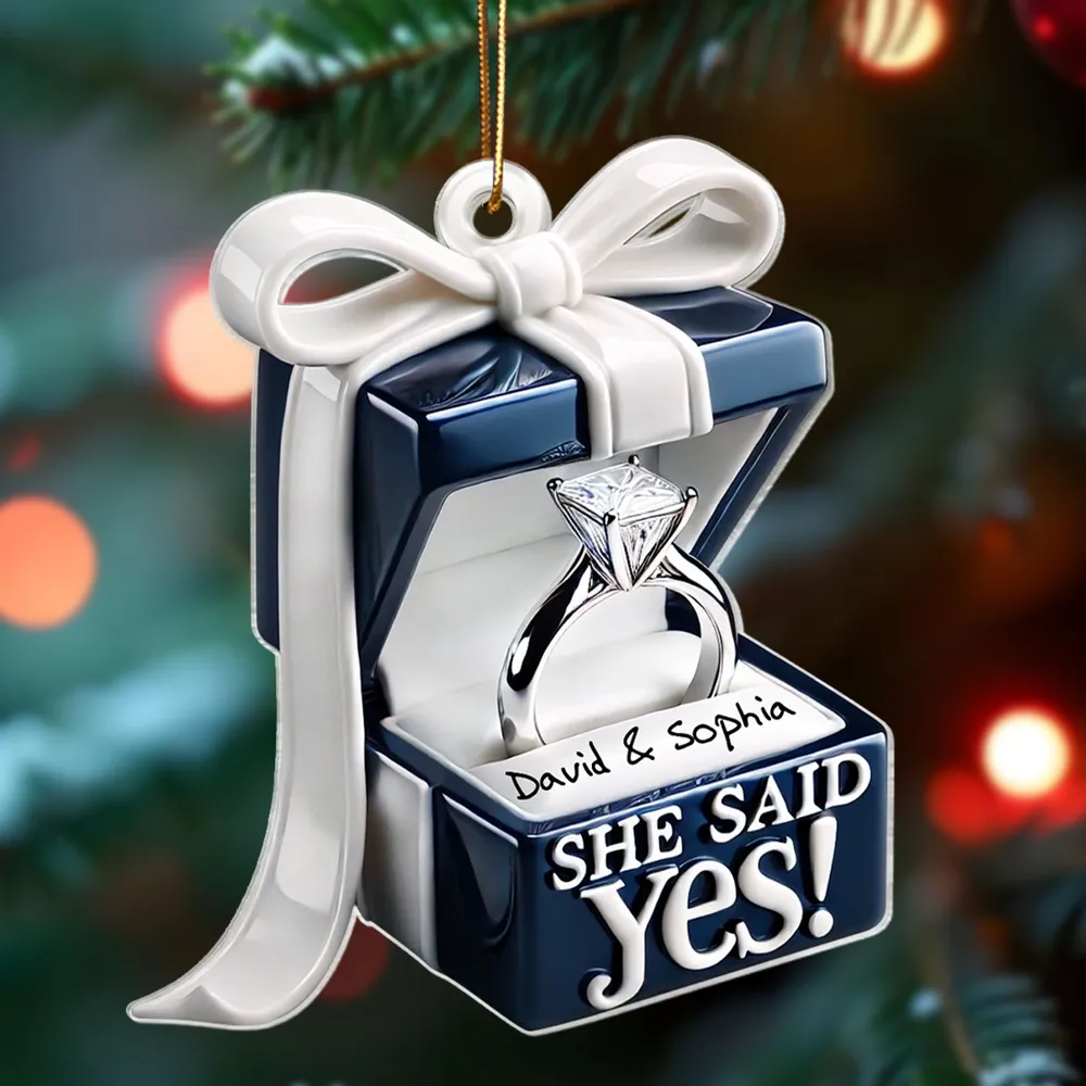 Personalized Blue Engagement Ring Box Acrylic Ornament, Anniversary Gift for Couple