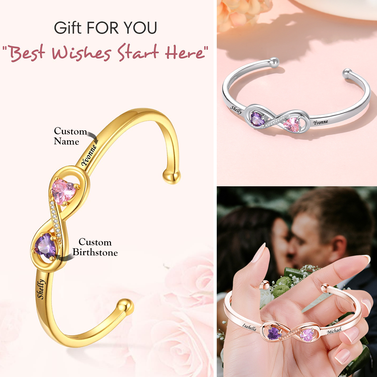 Personalized Bracelet with Names & Heart Birthstones, Anniversary Gift for Her