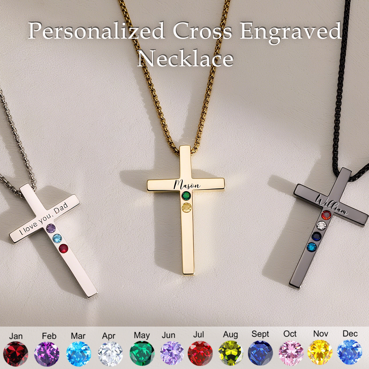 Custom Name Birthstone Men's Necklace, Personalized Cross Engraved Necklace