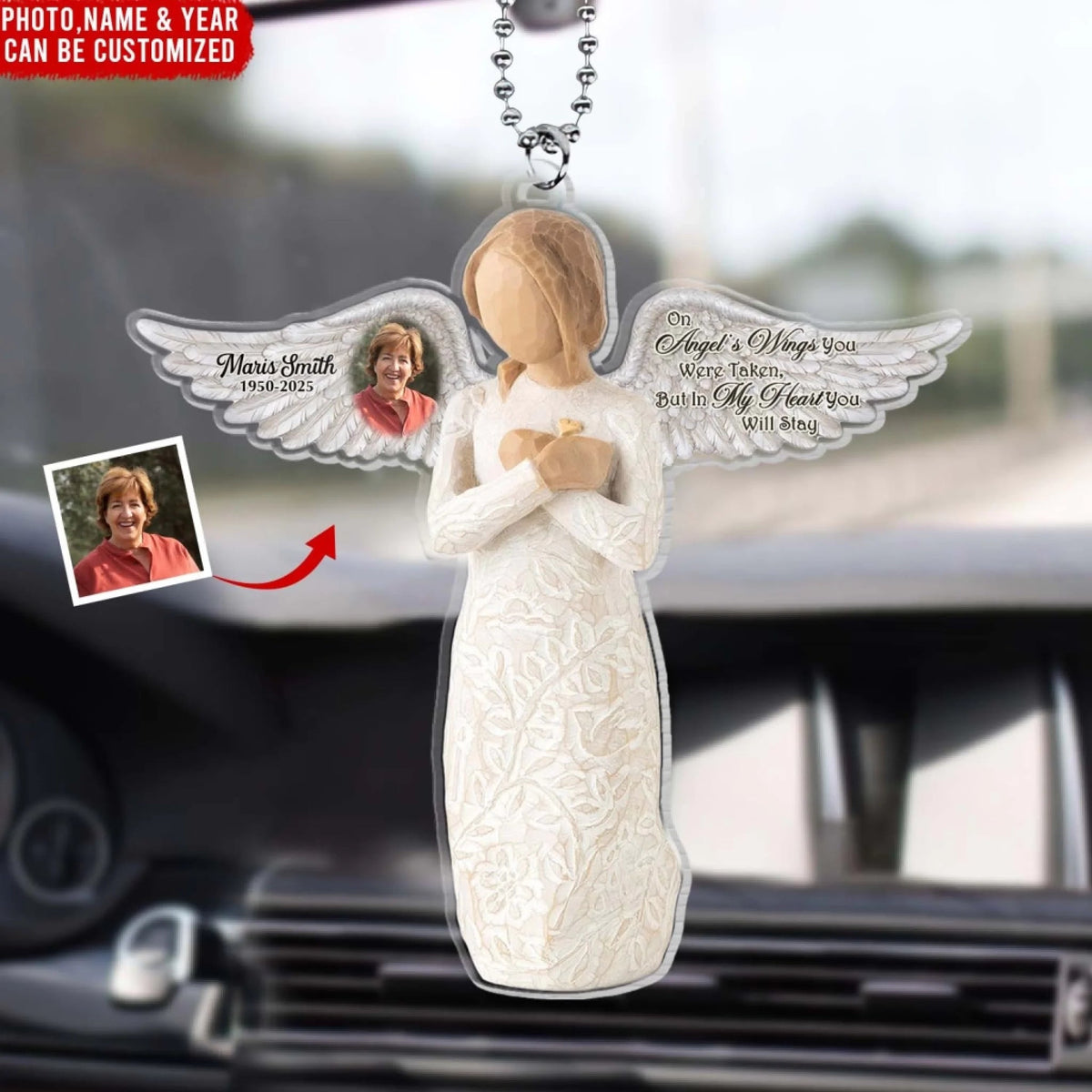 On Angel's Wings You Were Taken, But In My Heart You Will Stay - Personalized Acrylic Car Hanger