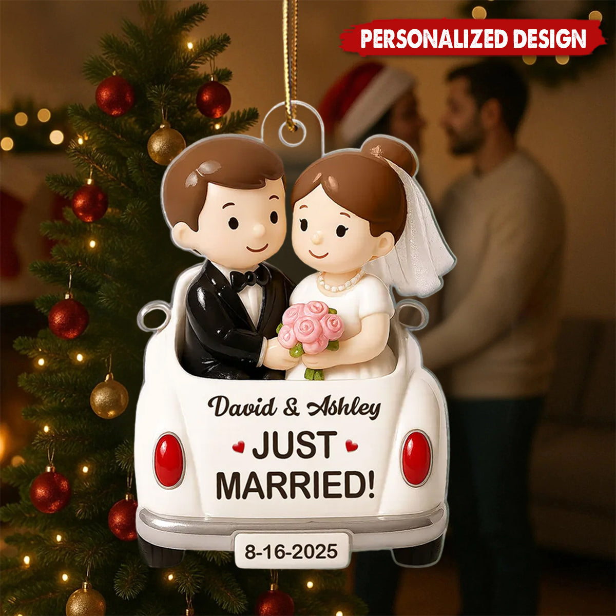 Just Married Forever Love Couple Personalized Christmas Ornament