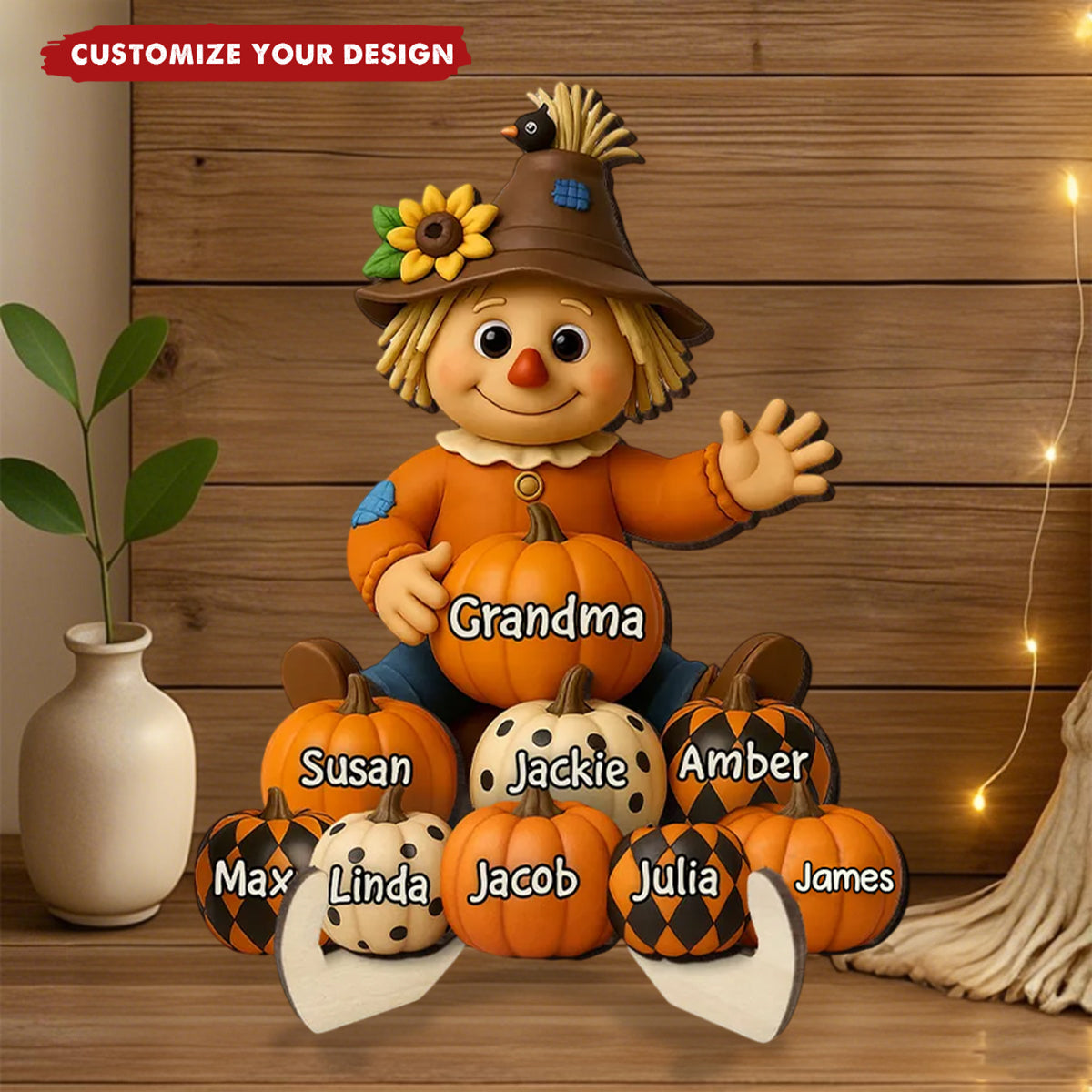 Fall Season Grandma Scarecrow Grandkids Pumpkins 3D Effect Personalized 2-Layer Wooden Plaque