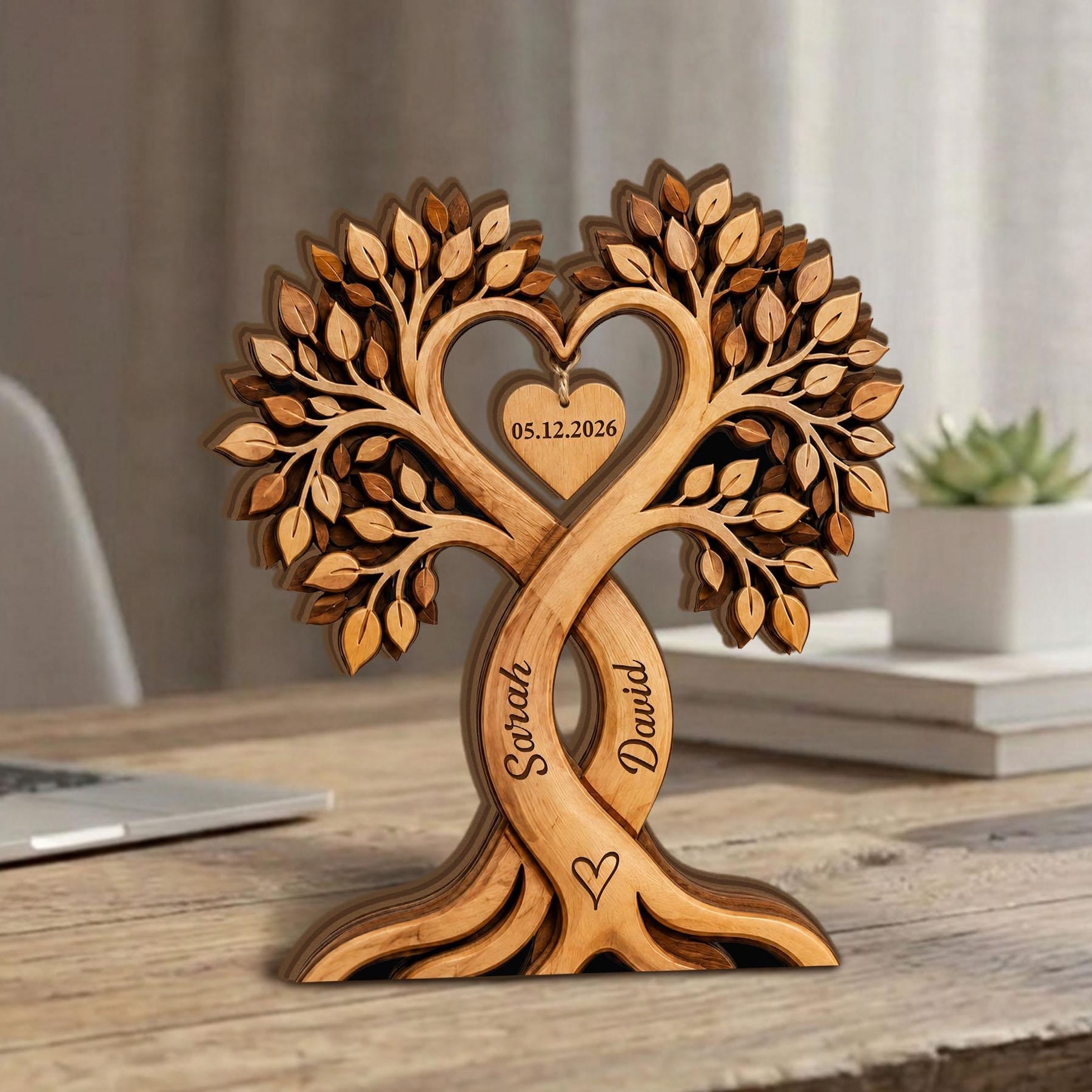 Personalized Couple Tree Wooden Block, Custom Name Anniversary Wedding Decor